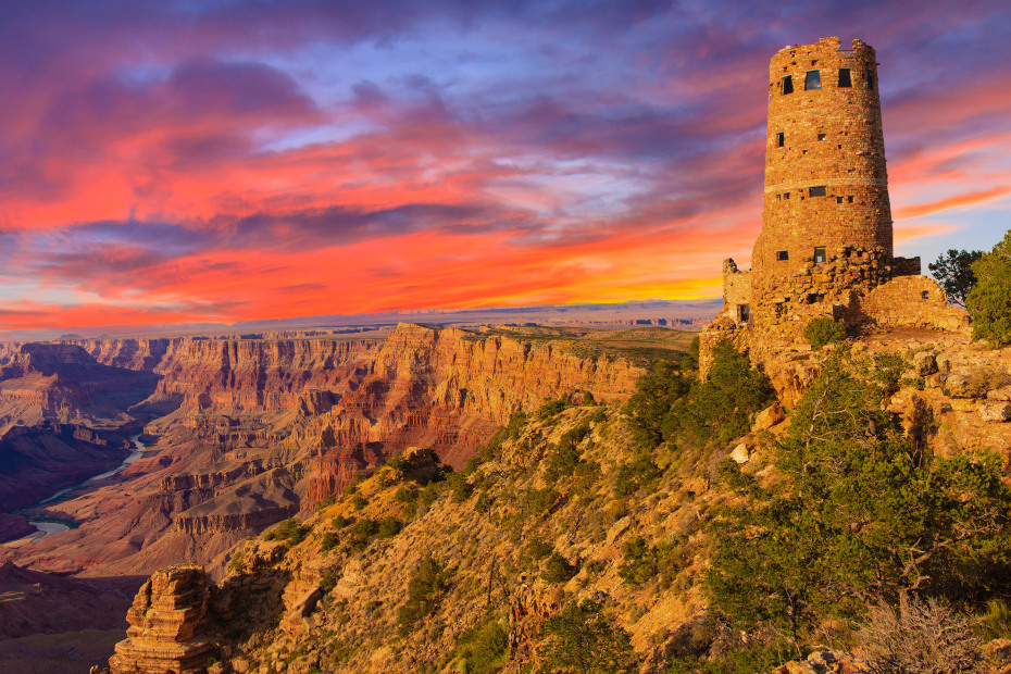 Mary Colter’s Indian Watchtower at sunset in Grand Canyon National Park, image