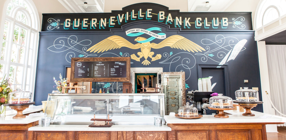 The ice cream counter at Nimble & Finn's inside the Guerneville Bank building in Guerneville, CA, picture