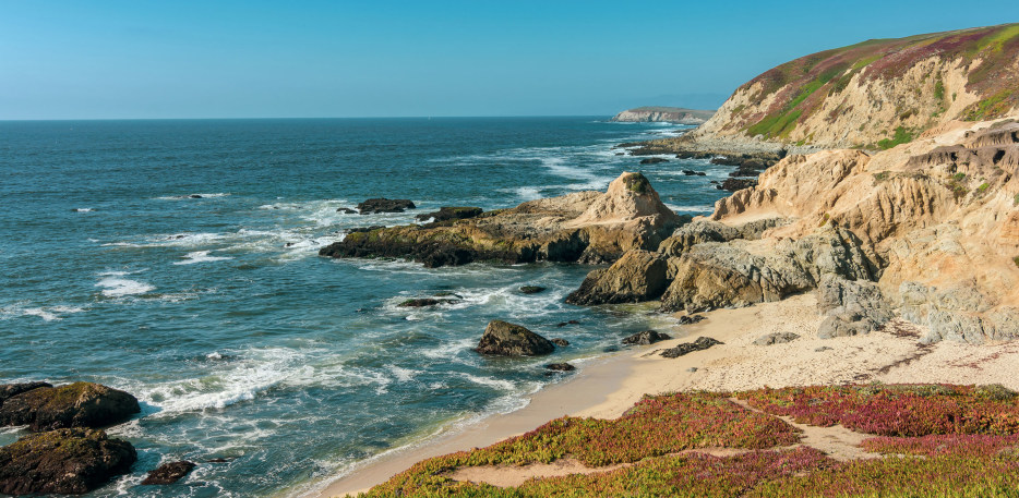 waves crash into the cliffs at Bodega Bay, CA in Sonoma County, image