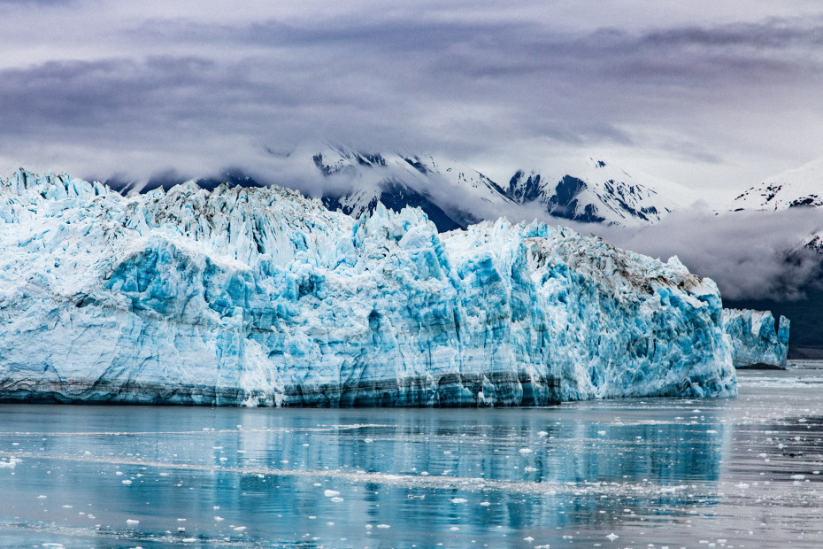 The layered, blue Hubbard Glacier flowing into Disenchantment Bay northwest of Juneau, Alaska