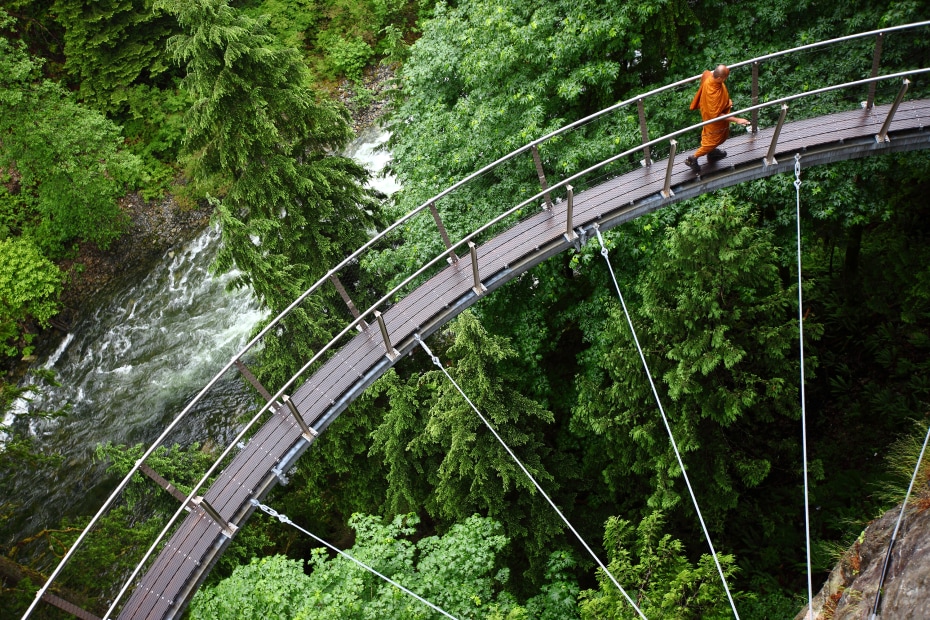 A monk walks on the Capilano Cliffwalk overlooking the Capilano River in North Vancouver, BC, near the suspension bridge, image