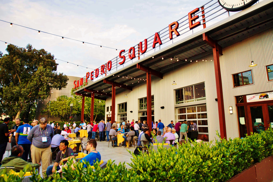 diners eat al fresco at San Pedro Square Market in San Jose, picture