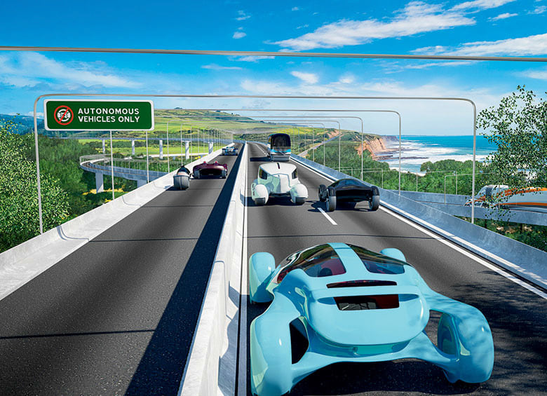 illustration of autonomous cars on highway, picture