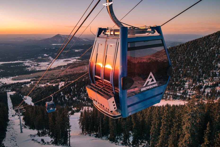 Sunset reflects off a gondola at Arizona Snowbowl in Flaggstaff.