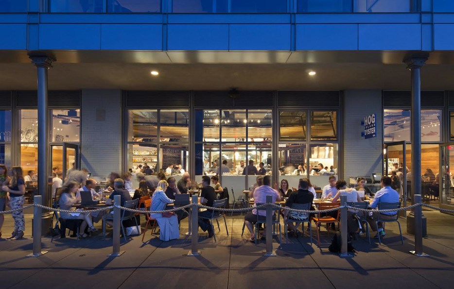 the outdoor seating area at Hog Island Oyster Co. in the San Francisco Ferry Building, picture