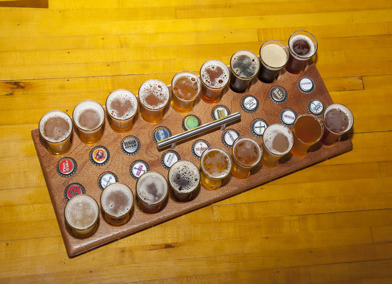 overhead view of beer samples at Russian River Brewing Company in Santa Rosa, Calif., picture