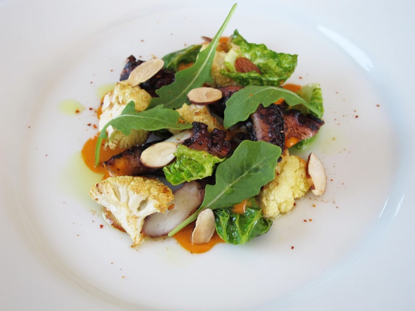 salad of roasted cauliflower and charred octopus at the Terrapin Creek Cafe in Bodega Bay, California, picture