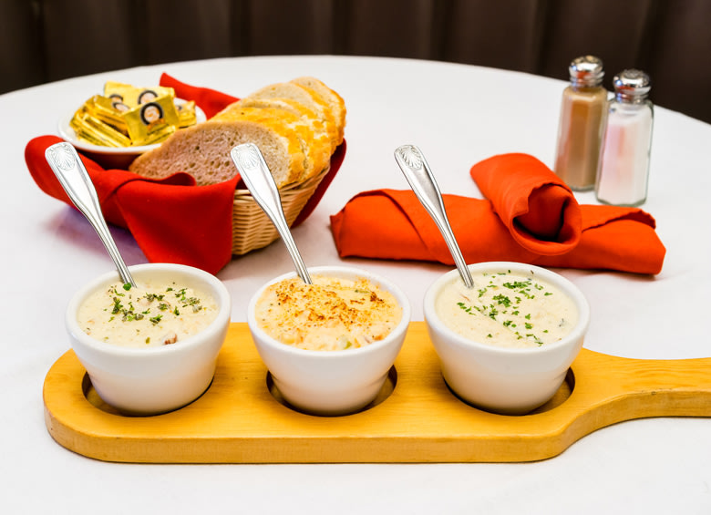 the three-chowder sampler with bread at Annabelle’s Famous Keg & Chowder House in Ketchikan, Alaska, picture