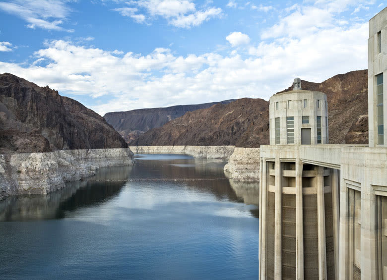 view of Hoover Dam across upper Lake Mead with low water level near Boulder City, Nev., picture