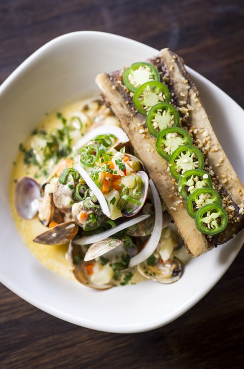 the clam chowder with smoked bone marrow at Ox in Portland, Oregon, picture