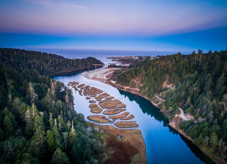 Big River and estuary from above looking west at Mendocino, California, picture