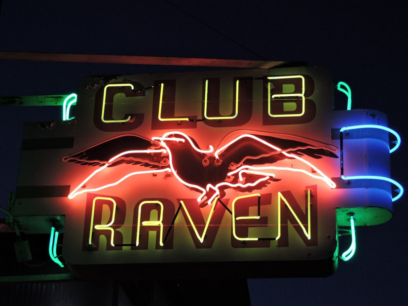 the neon sign for Club Raven in Sacramento, California, picture