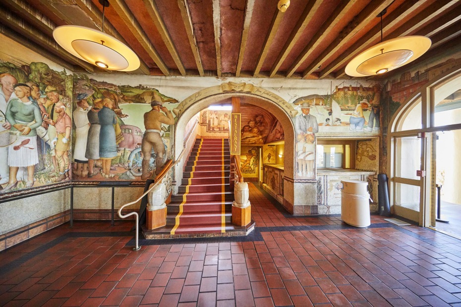 the first floor interior of the Spanish revival Beach Chalet with WPA murals