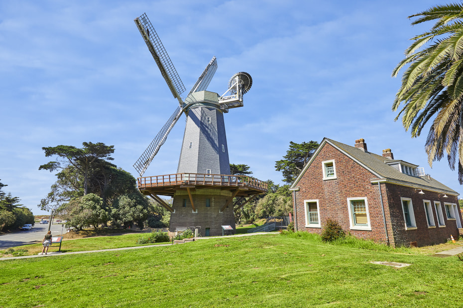 Murphy Windmill in sunny splendor at Golden Gate Park's west end in San Francisco