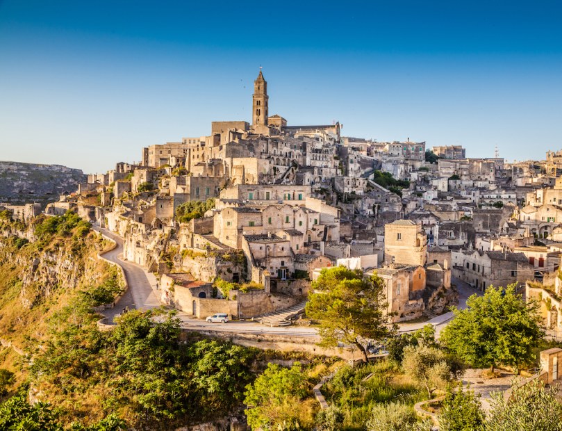 picture of the ancient town of Matera in Italy seen at sunset