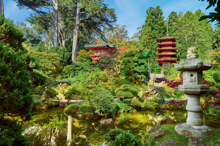 red pagodas stand out against the verdant plant-life at the Japanese Tea Garden in San Francisco