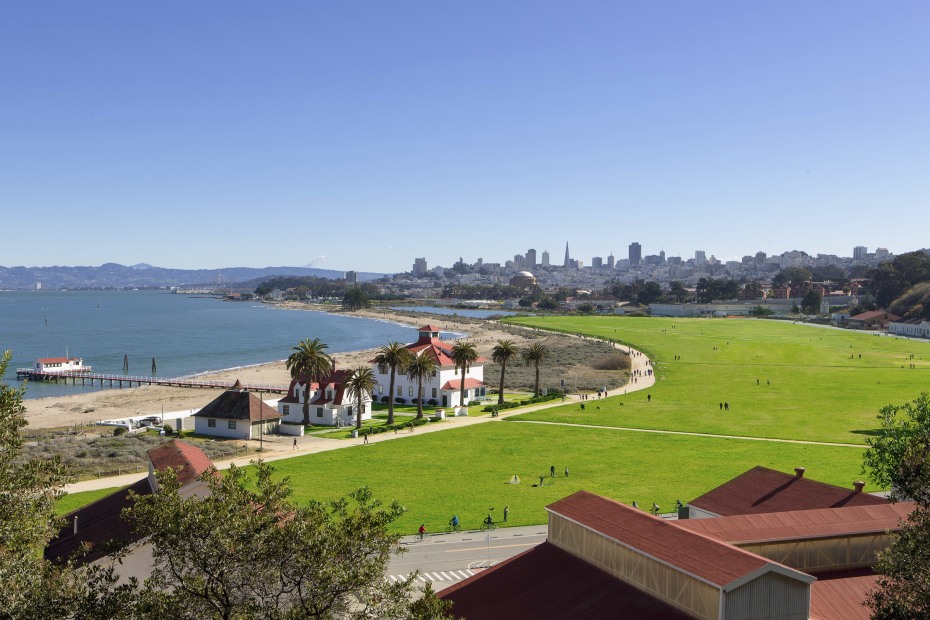 panoramic rooftop view from the Presidio of Crissy Field as it curves to meet San Francisco Bay, picture