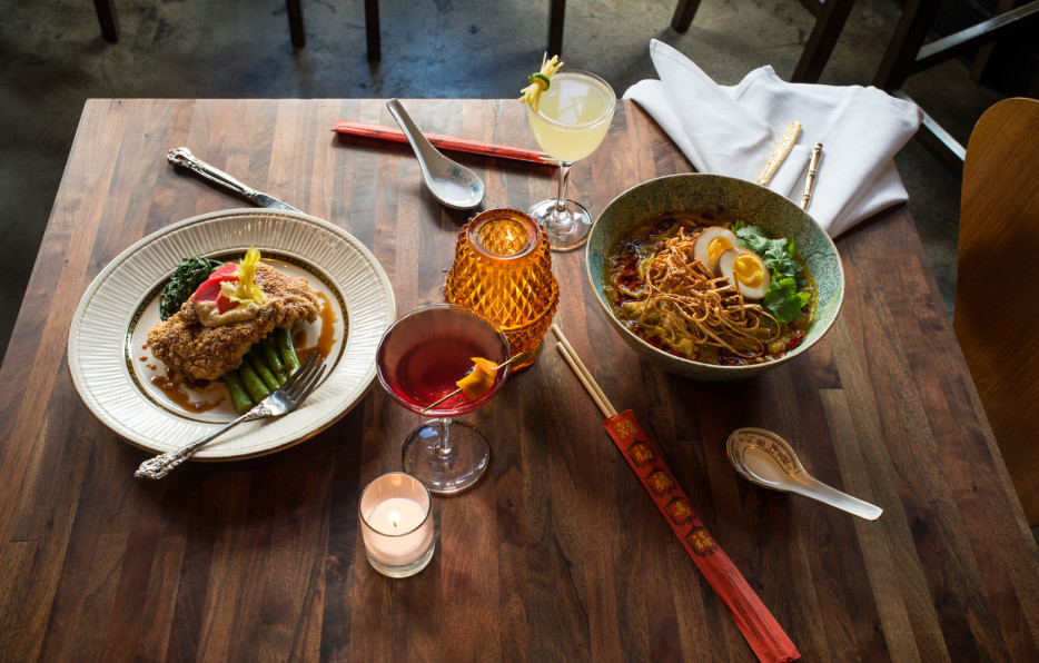Korean fried chicken and Burmese coconut noodles, aka Drinking snacks, with cocktails at Expatriate in Portland, Oregon, picture
