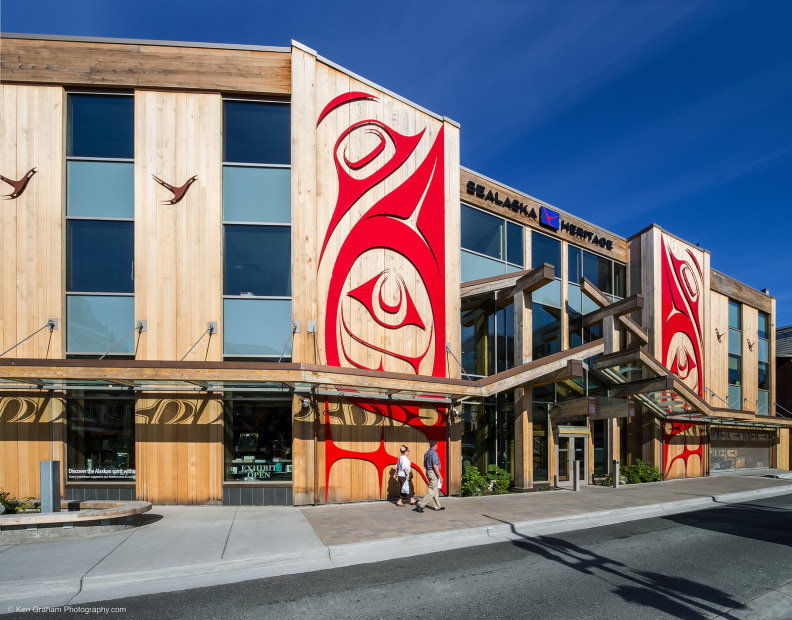 the exterior of the Walter Soboleff Building, headquarters for the Sealaska Heritage Institute, on a sunny day in Juneau, Alaska