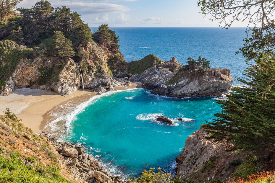 Aerial shot of McWay Falls and the Pacific Ocean in Big Sur, California, picture