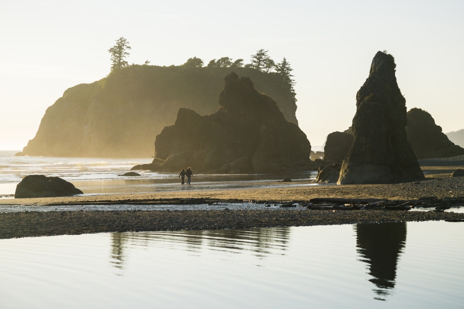 a couple walks among the sea stacks at ruby beach, picture