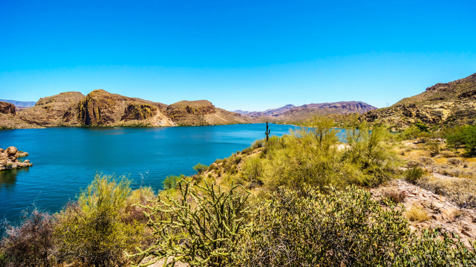 Canyon Lake in Arizona on a clear day with cactus in the foreground