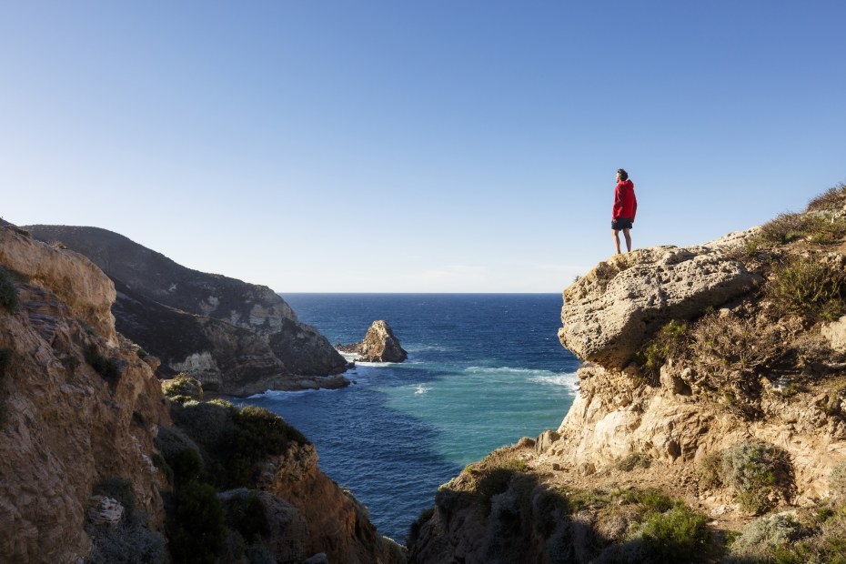 a person stands on rocks overlooking the water at Channel Islands, picture