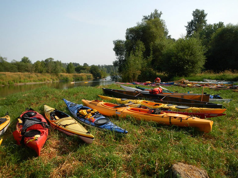 kayaks beached beside Willamette River at Arcade Cellars winery near Salem, Oregon, picture