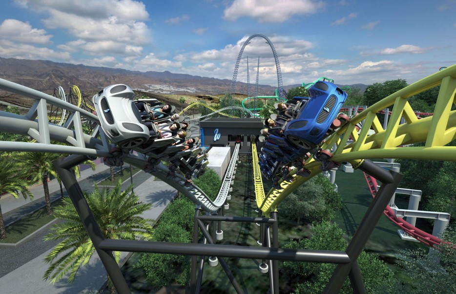rendering of the new west coast racers racing roller coaster at six flags magic mountain