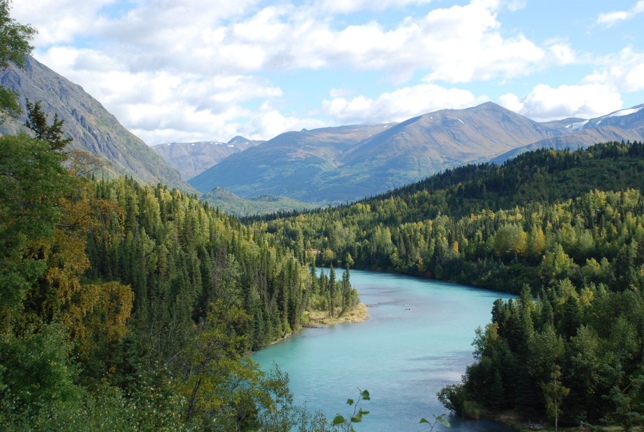 Alaska's Kenai River with glacial mountains in background, picture