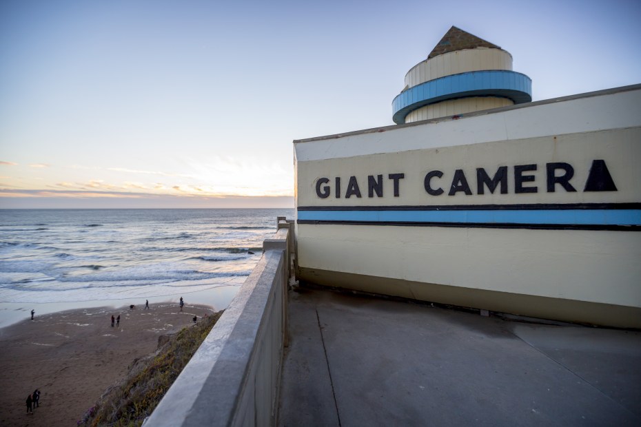view of Giant Camera looking west towards Pacific Ocean at sunset from Ocean Beach, San Francisco, picture