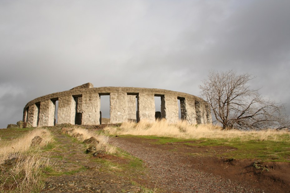 Stonehenge Memorial in daytime with cloudy skies at Maryhill, Washington, picture