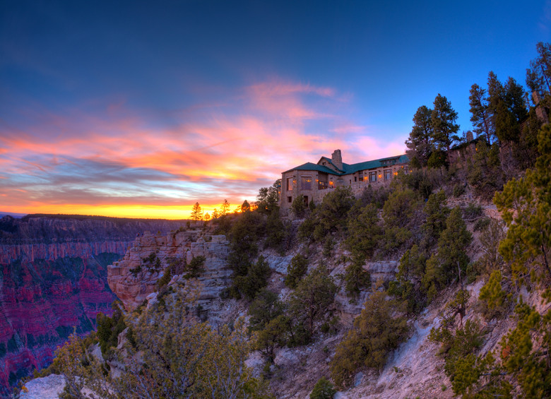 the Grand Canyon Lodge at sunset, picture