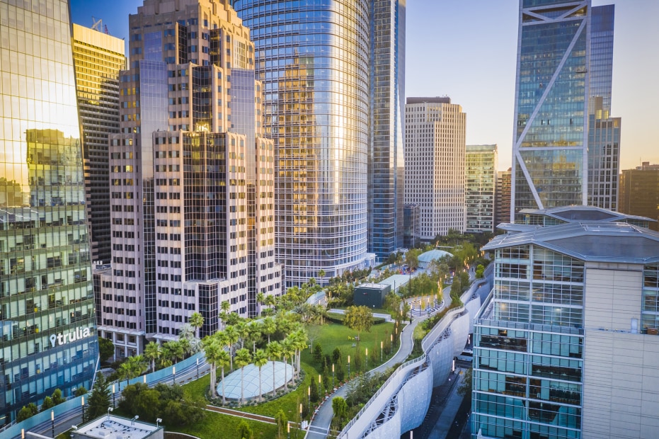elevated view through high-rises across Salesforce Park and in San Francisco, California, picture
