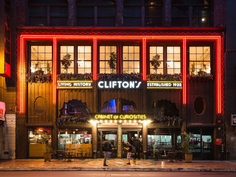 Outside Clifton's Cafeteria in Los Angeles at night, picture