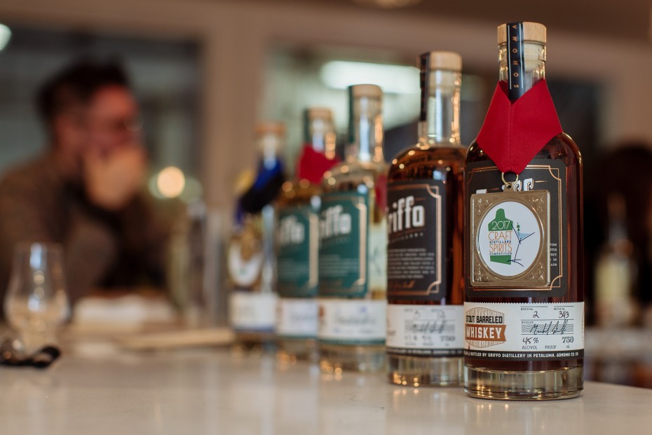 gin and whiskey selections at the Griffo Distillery tasting room in Petaluma, California, picture