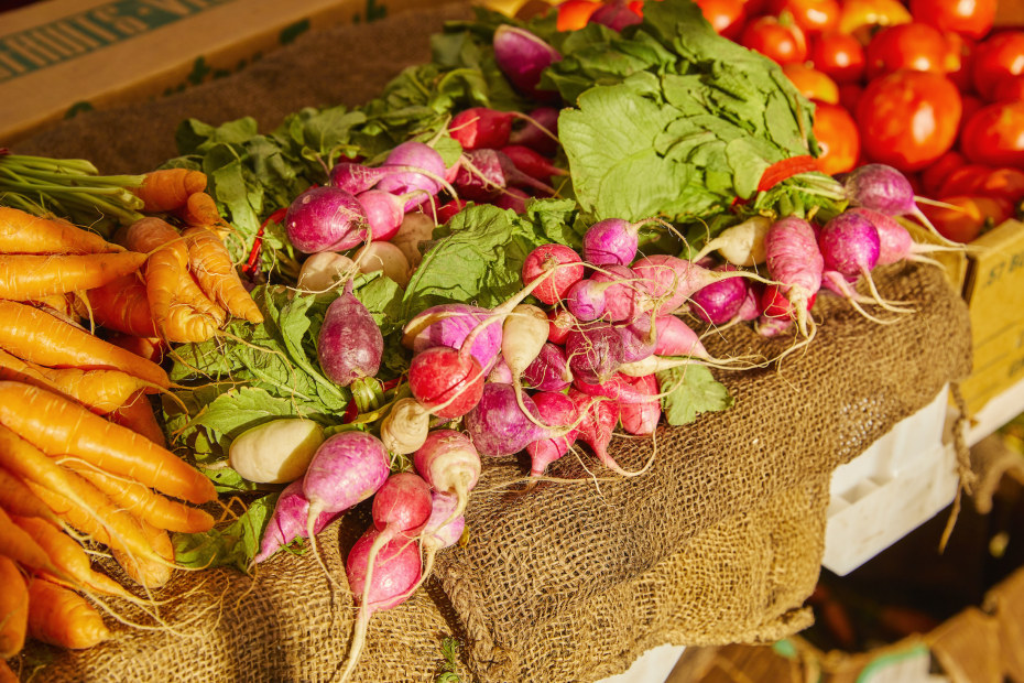 Farm fresh radishes on display at the farmers market in Petaluma's Walnut Park