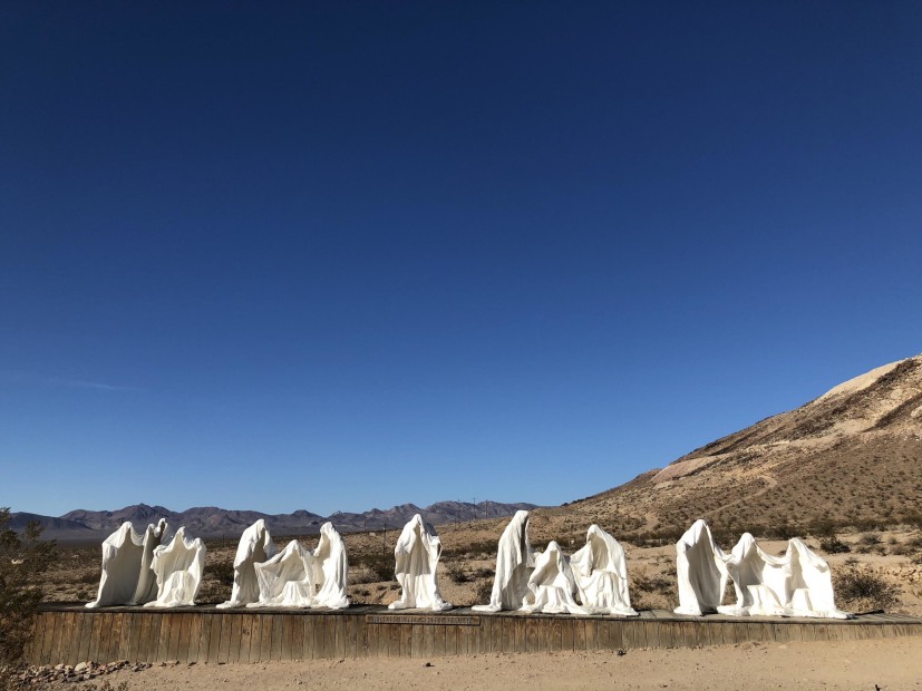 picture of the stark white last supper figures at the goldwell open air museum outside death valley national park