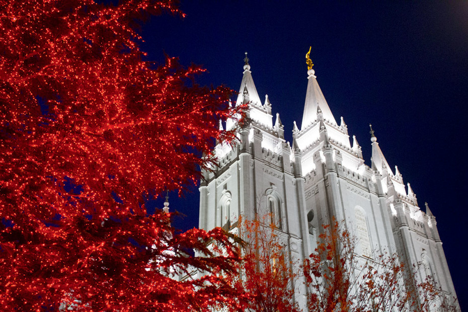 Temple Square holiday lights illuminate the Salt Lake City Temple, picture
