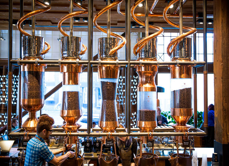 pneumatic tubes moving beans from storage silos to roasters at the Starbucks Roastery in Seattle, picture