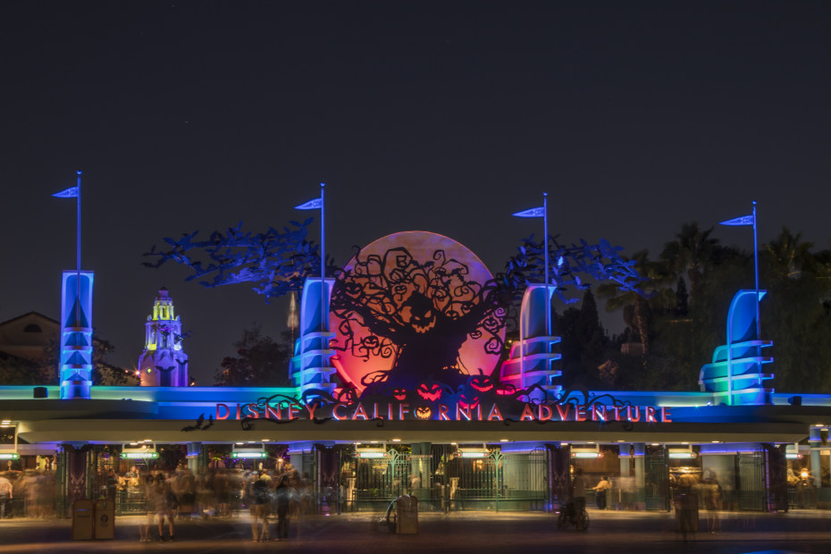 picture of the entrance to Disneyland California Adventure at night during Halloween Time
