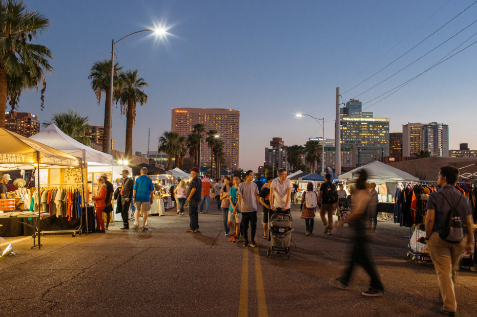 People enjoying Phoenix, Arizona Roosevelt Row First Fridays in the street, picture