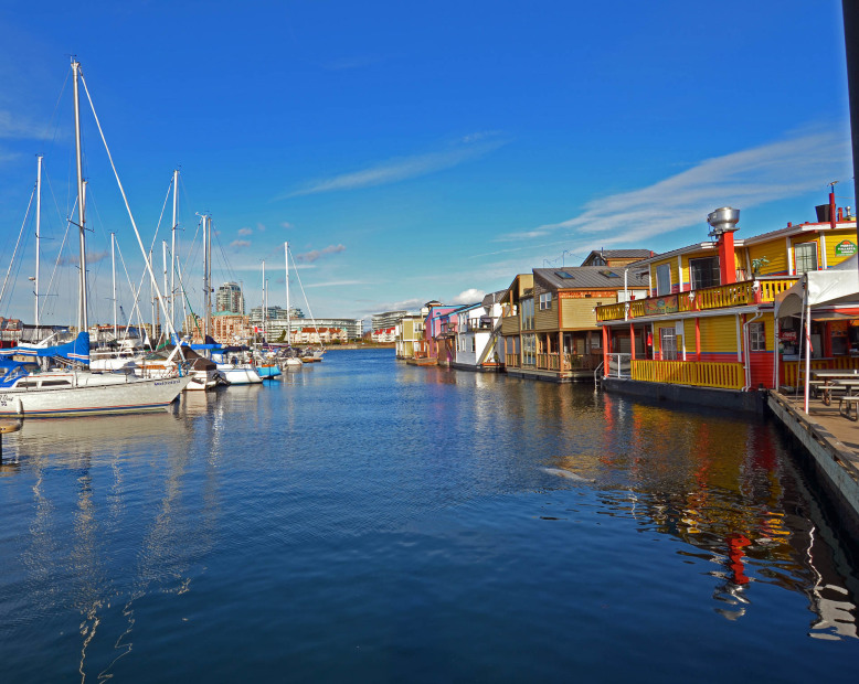 picture of the colorful dock, marina, and water as seen from the Fisherman's Wharf Floating B&B in Victoria, B.C.