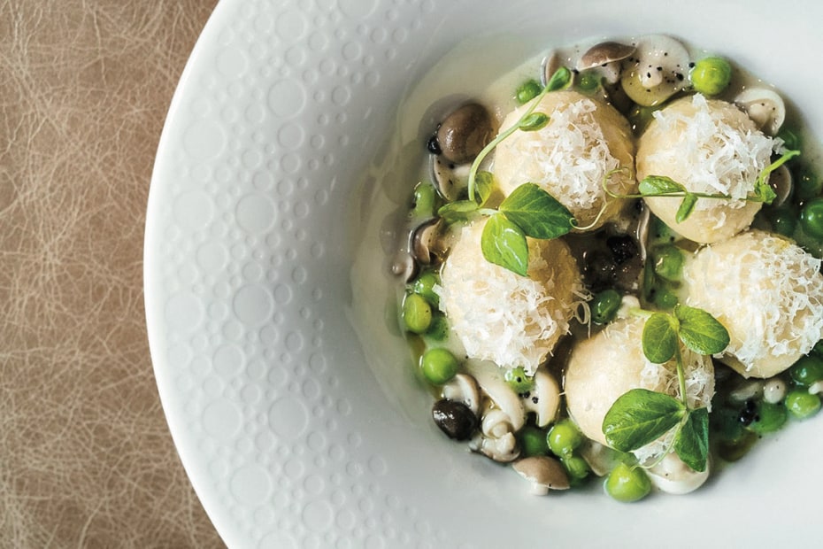 ricotta dumplings with beech mushrooms and English peas at Protégé restaurant in Palo Alto, California, picture
