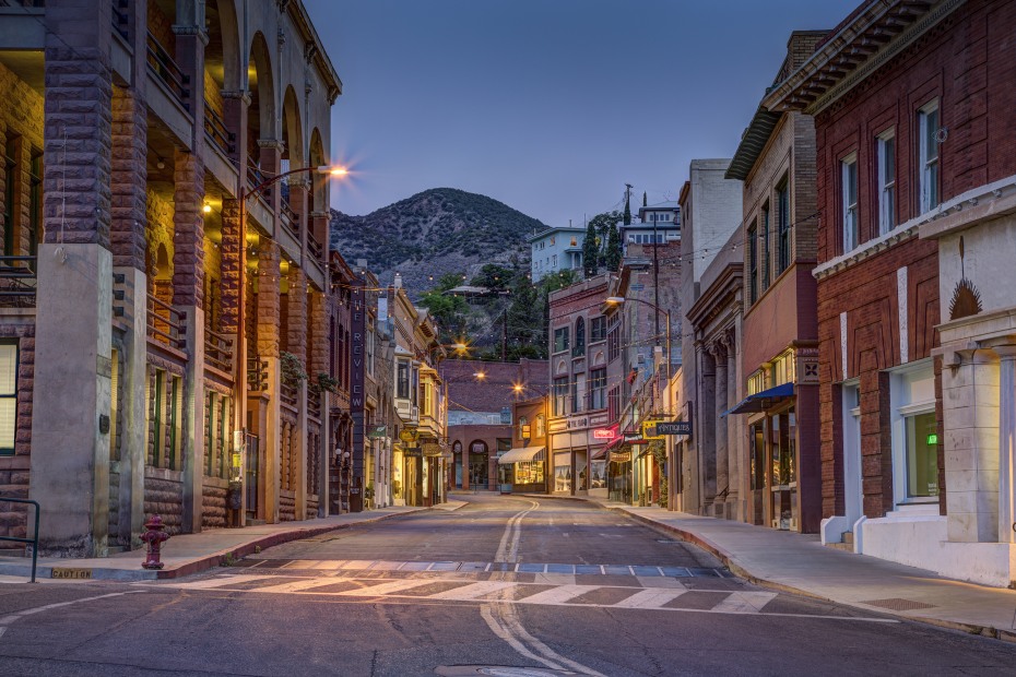 historic downtown Bisbee at night.