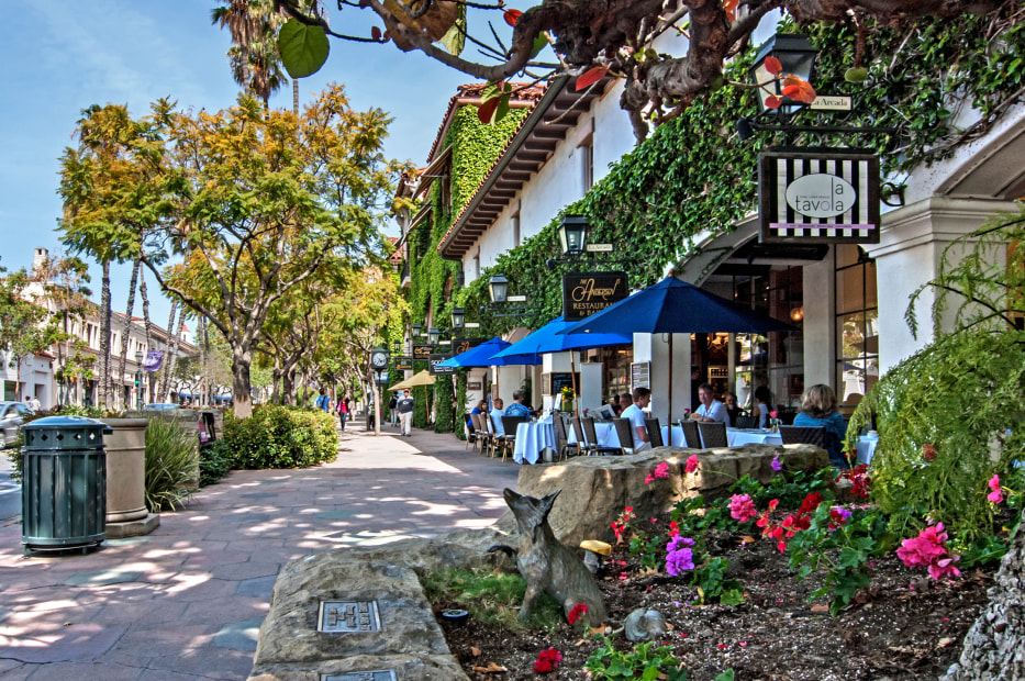 a statue of the famous Channel Islands fox looks out onto State Street in downtown Santa Barbara, California, picture