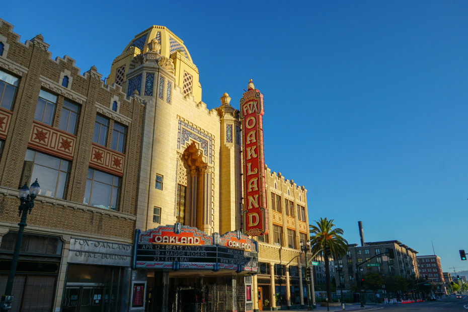 Historic sign and facade of the Fox Theater in downtown Oakland.