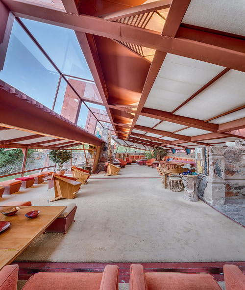 modern interior with angular beams and floor-to-ceiling glass at Taliesin West near Scottsdale, Arizona, picture
