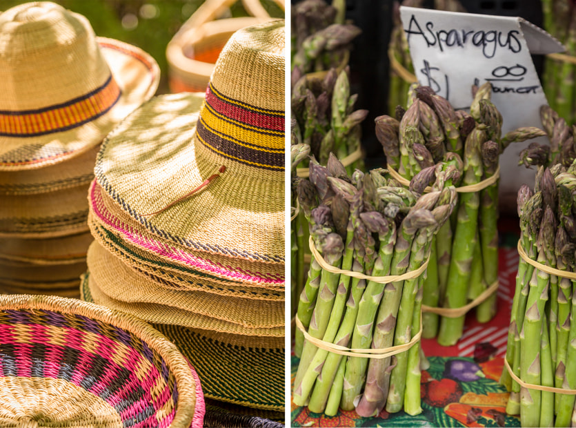asparagus bunches and woven hats at the farmers market in Calistoga, California, picture