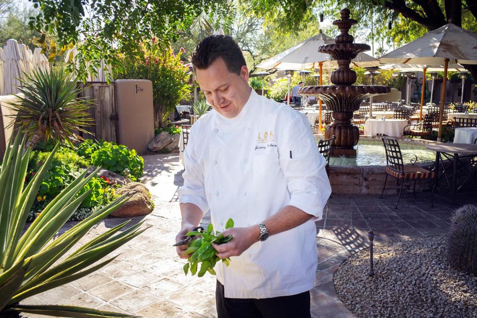 Chef Jeremy Pacheco in the garden at Lon's at the Hermosa Inn, Phoenix, Arizona, picture